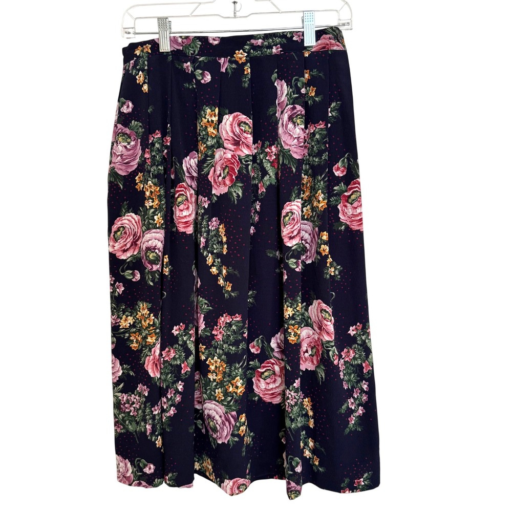 Susan Bristol Skirt Womens 10P Navy Blue Floral Pleated Midi Vintage Boho 90s
